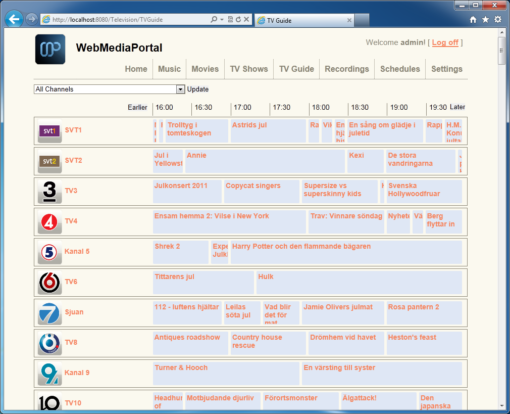 mediaportal schedules direct shows many channels